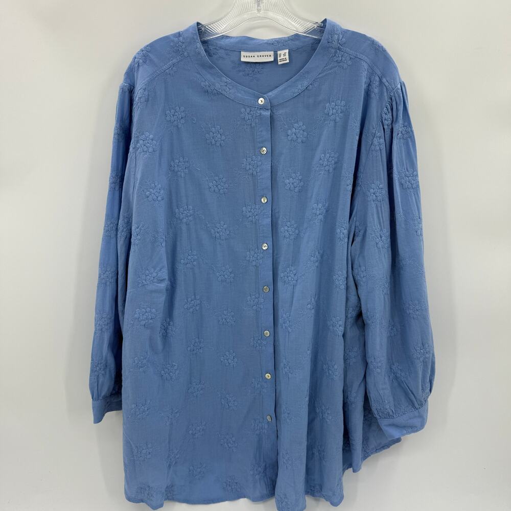 SUSAN GRAVER Floral Embroidered Shirt Women Size 3X 1/2 Sleeve Button Front Boho